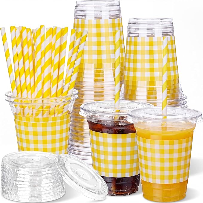Domensi 25 Sets Yellow and White Gingham Plastic Cups with Lids and Paper Straws 12oz Checkered Party Disposable Cup Bulk Drinking Cup for Cold Drink Baby Shower Wedding Birthday Summer Party Supplies