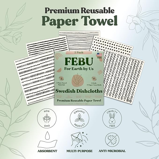 FEBU Save 15% on Swedish Dishcloth + Dishwasher Cleaner Tablets | 5 Pack Black Minimalist Reusable Paper Towels + 24ct Dish Washer Cleaner Tablets