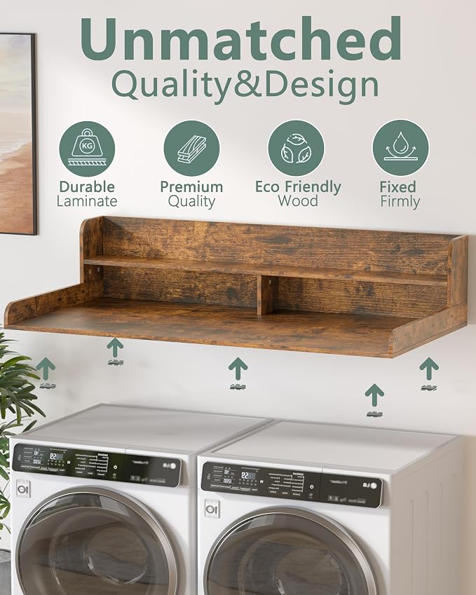 Piskyet Washer Dryer Countertop,2- Tier Laundry Countertop with Edge Rails,27.5" Depth x 54" Wood Countertop,Laundry Machine Topper for Laundry Room Organization and Storage(Rustic Brown)