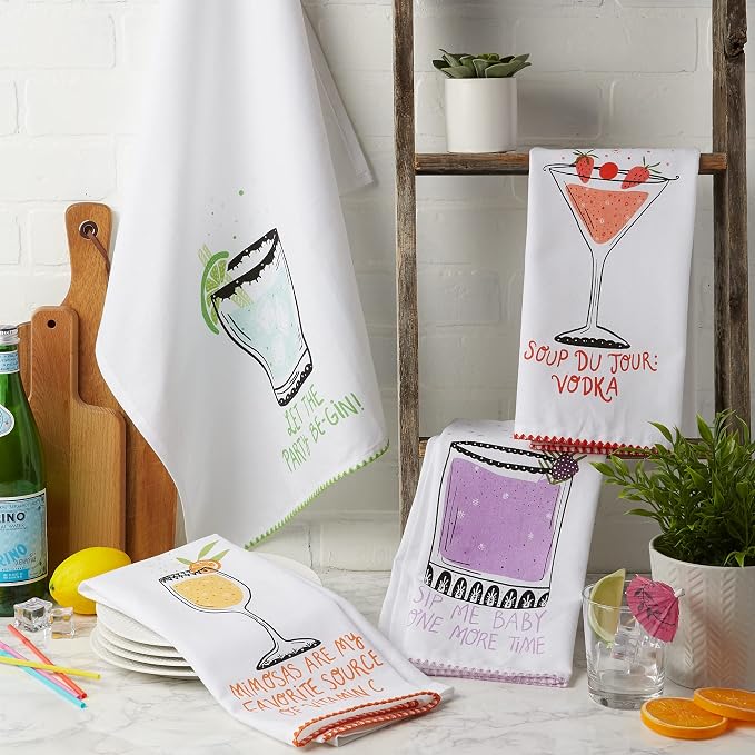 DII Decorative Printed Kitchen Towels Absorbent & Fast-Drying Tea Towel Set, 18x28, Sassy Cocktails, 4 Piece