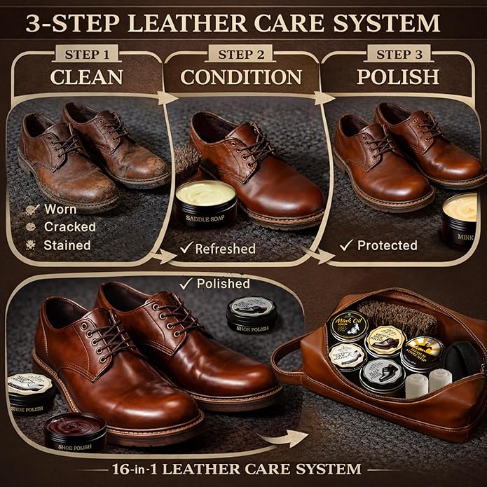 Shoe Care Kit – 16-in-1 Leather Shoe Polish, Cleaning & Conditioning Kit with Saddle Soap & Mink Oil – Black/Brown/Neutral Shoe Polish, 3 Horsehair Brushes – Premium Storage Bag – Gift for Men & Women