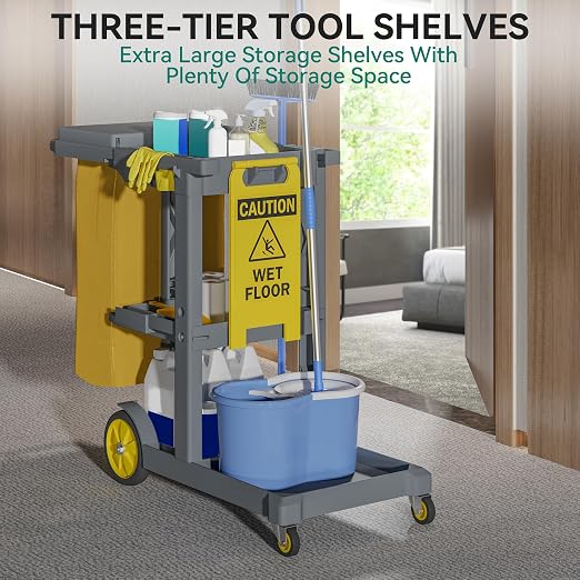YITAHOME Cleaning Carts on Wheels, Janitorial Cart, 3-Shelf Commercial Traditional Plastic Housekeeping Cart, with 2 Yellow 25 Gallon Vinyl Bag and Pair of Rubber Gloves, Gray