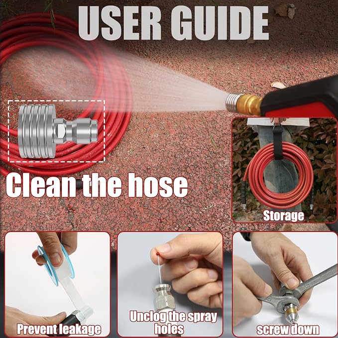 150FT Sewer Jetter Kit for Pressure Washer 5800PSI,1/4" NPT Drain Jetter Hose with 1/4" Quick Plug，3 Sewer Jet Nozzles，Spanners Teflon Tape Gloves and Spray Nozzle for Cleaning