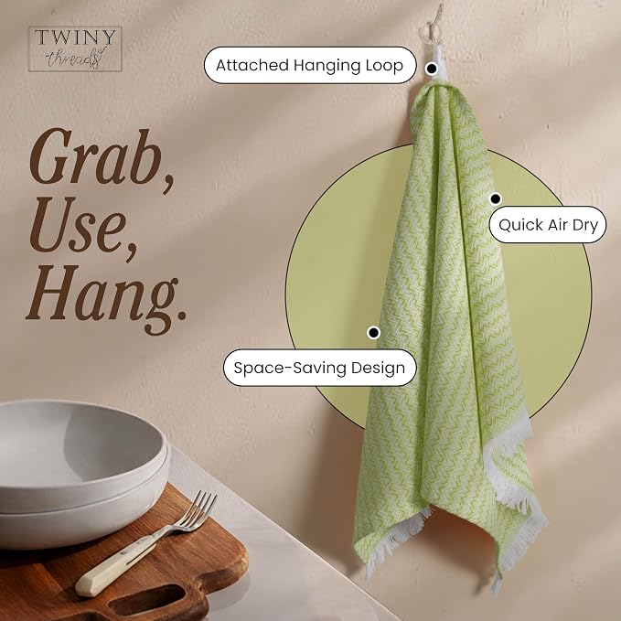 TWINY threads Kitchen Towel Chevron Weave, 12 Pack, Premium Large 100% Cotton Kitchen Linen Set, Absorbent Quick Drying Dish Rags for Drying Dishes, Multi Purpose Washable Towel, 16"x26", Lemon Green