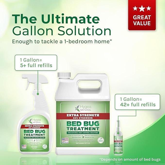 Hygea Natural Extra Strength Bed Bug Killer & Mite Spray- Child & Pet Friendly - Stain & Odor Free - 66% Stronger Natural Formula (128 oz)