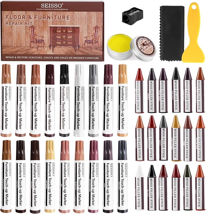 SEISSO Wood Repair Kit, 40 PCs Wood Furniture Repair Kit, Wood Touch Up Markers and Crayons with Polish Wax for Scratches, Stains, Cracks,Holes and Dents, Discoloration for Wooden Surfaces and Floors
