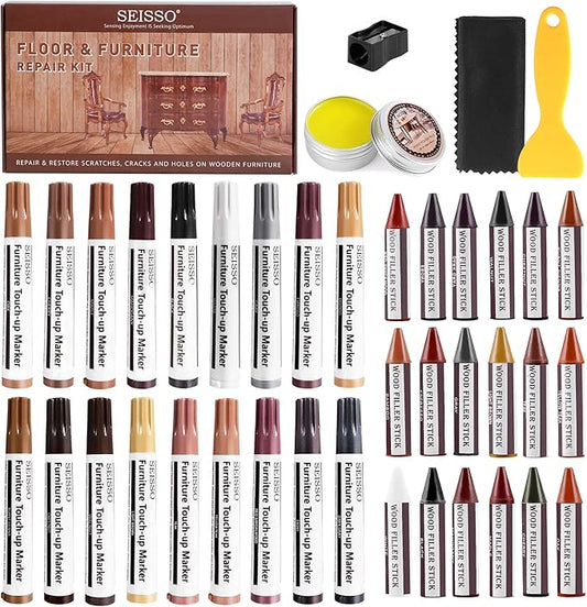 SEISSO Wood Repair Kit, 40 PCs Wood Furniture Repair Kit, Wood Touch Up Markers and Crayons with Polish Wax for Scratches, Stains, Cracks,Holes and Dents, Discoloration for Wooden Surfaces and Floors