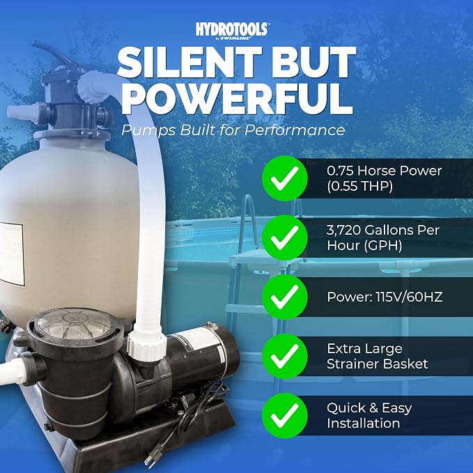 SWIMLINE Sand Filter Pump for Above Ground Pool - 16'', 0.55THP, 3720 GPH Pump flow rate, 7 way Multi port valve, Easy Installation