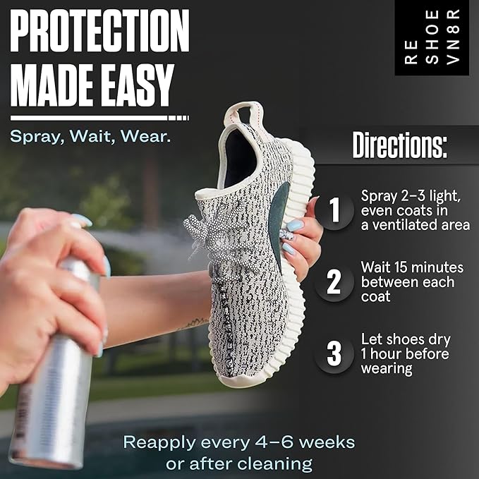 RESHOEVN8R Shoe Protector Spray - Rain and Stain - (6.5oz) - Waterproof Spray for Shoes, Quick-Drying, No Chemicals, Sneakers, Suede, Canvas, Light Leather, White Shoe - Long Lasting Protector