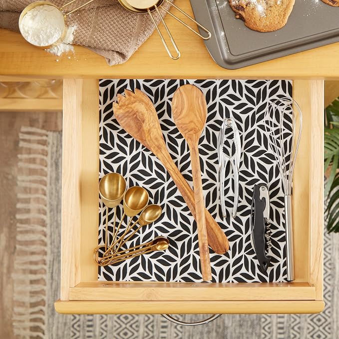 DII Fridge Liner Collection Non-Adhesive, Cut to Fit, 12x24, Black Abstract Leaf, 6 Piece