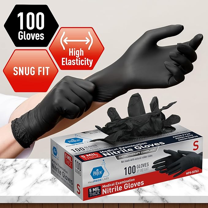 MED PRIDE Nitrile Gloves - Box of 100 Gloves | 5 Mil Thick, Powder-Free, Latex-Free, Lab, Chemotherapy Compliant
