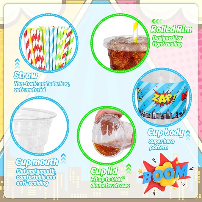 FYSUIMU 100Pcs 12Oz Hero Party Disposable Plastic Cups with Lids and Straws Super Hero Theme Cold Beverage Drinking Cups for Home Kitchen Party Supplies