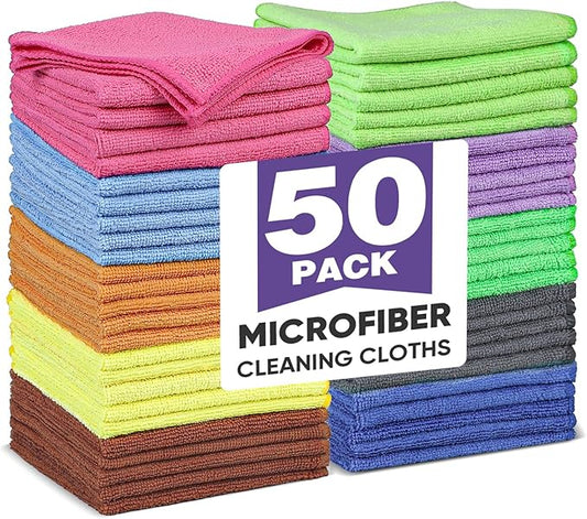 TEAWOO 10 Colors Microfiber Cleaning Cloths, 50 Pack Assorted Cleaning Rags, Highly Absorbent Microfiber Towels for Car, Kitchen, Bathroom and Household Cleaning, 11.8"X11.8"