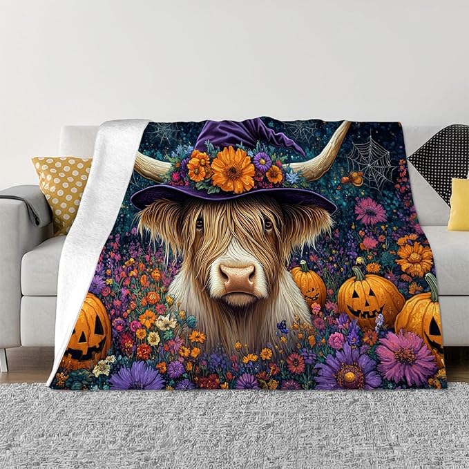 Tijuboni Highland Cow Pumpkin Throw Blanket for Girls Boys Women Men Kids Adults Soft Flannel Fleece Blanket for Couch Sofa Bed Home Decor 50"x60"