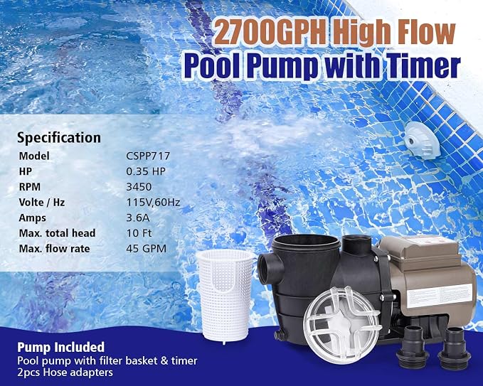 CIPU 0.35HP Pool Pump with Timer 2700GPH 115V Powerful Self Priming Above Ground Swimming Pool Pump with Filter Basket Low Noise for Pools Hot Tub Spa Water Circulation