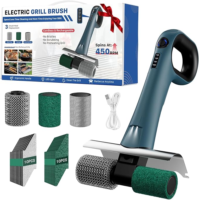Hillyfe Grill Brush for Outdoor & 20 PCS Scouring Pads，Cordless Rechargeable Grill Brush with 3 Brush Heads, Grill Electric Cleaning Brushes Without Bristles, LED Light, Grill Scraper, Grilling Gifts