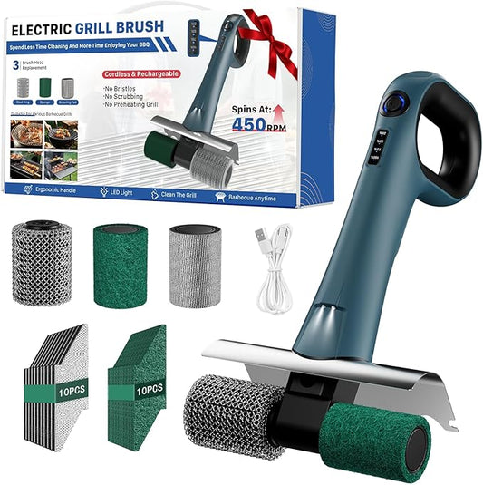 Hillyfe Grill Brush for Outdoor & 20 PCS Scouring Pads，Cordless Rechargeable Grill Brush with 3 Brush Heads, Grill Electric Cleaning Brushes Without Bristles, LED Light, Grill Scraper, Grilling Gifts