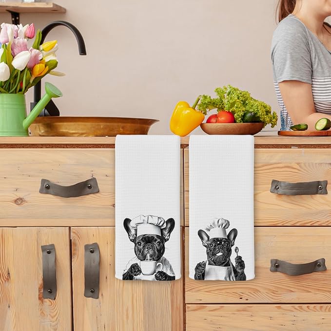 Funny French Bulldog Chef Kitchen Towels Set of 2, Black and White Frenchie Cooking Frenchie Gift Dish Tea Towels for Kitchen, Dog Lover Dining Room Decorative Hand Towel 16x24 Inch