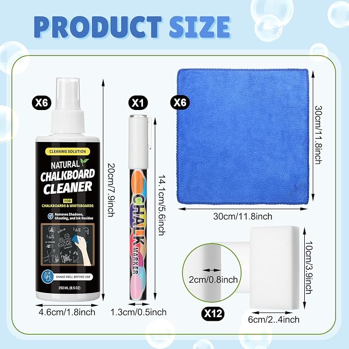 Fuyoooo 6 Sets Chalkboard Cleaner Spray and Eraser Kit 8oz Dry Erase Board Cleaner Spray Microfiber Cleaning Cloths with Sponge Erasers Liquid Chalk Markers for Whiteboard Blackboard Dry Erase Board