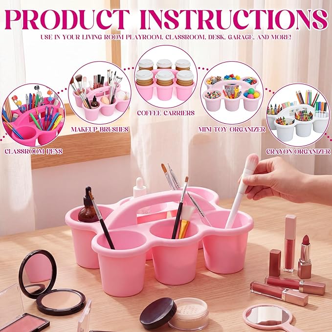 Suclain 6 Pcs Caddy Storage Basket with Handle, Plastic Drink Cup Caddy Holder, 6 Compartments for Table, Office, Arts, Crafts, Crayon, Marker, Pencil(Pink)