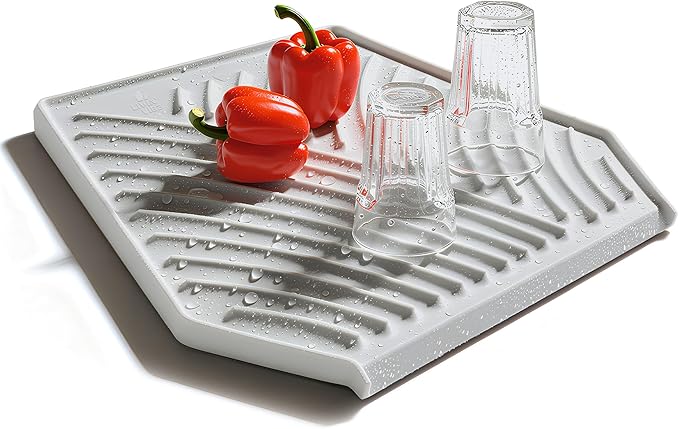 Silicone Dish Drying Mat with Drain, Self-Draining, Heat Resistant & Non-Slip Kitchen Counter Mat, Easy to Clean, Reusable, 19.3'' x 13'', Greige