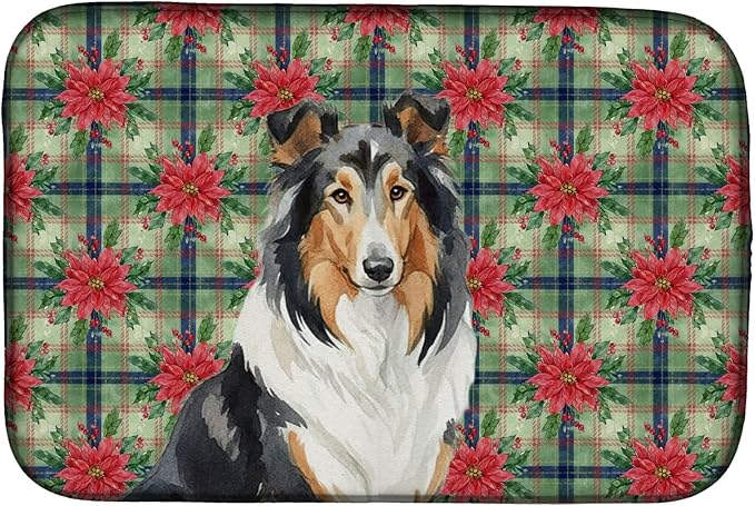 Caroline's Treasures Tricolor Collie Christmas PoinsettIas Dish Drying Mat Absorbent Dish Drying Mat Pad for Kitchen Counter Dish Drainer Mat for Countertop, 14 x 21", Multicolor