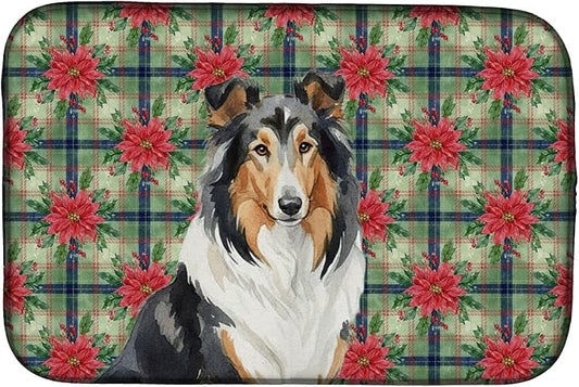 Caroline's Treasures Tricolor Collie Christmas PoinsettIas Dish Drying Mat Absorbent Dish Drying Mat Pad for Kitchen Counter Dish Drainer Mat for Countertop, 14 x 21", Multicolor