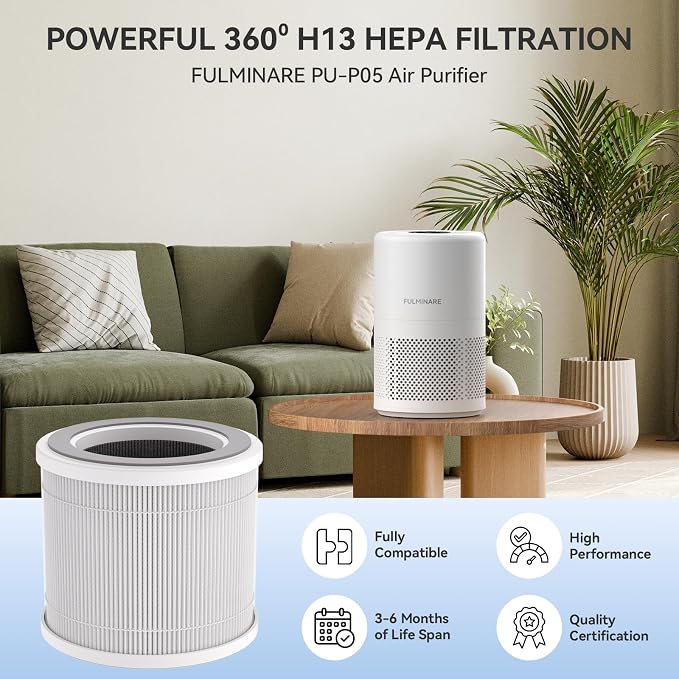 FULMINARE PU-T10 Air Purifiers Replacement, H13 HEPA Air purifiers for Bedroom,Pets, Office, Portable Small Air Filters Quiet Air Cleaner Filtering Out 99.97% 0.01 Microns, Smoke, Particles