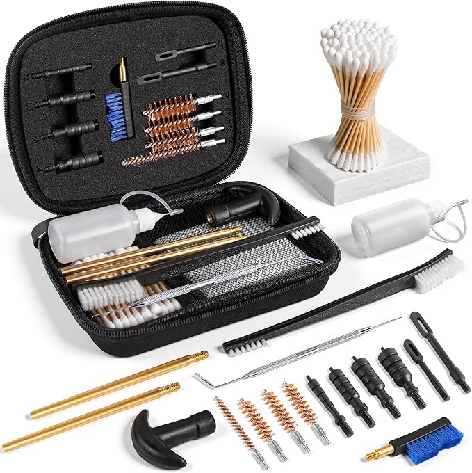 GLORYFIRE Universal Gun Cleaning Kit Fits .22 .357/9mm .38 .40 .45 Cal Handguns & Pistols Compact Carrying Case for Portability Multiple Styles with Brass or Plastic Jags & Tips for Shooting and Range