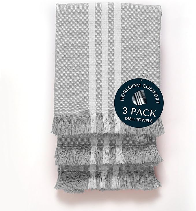 3 Pack Monochrome Stripe Kitchen Towels with Fringes, 16x26 Inch, 100% Cotton, Lint-Free, Absorbent & Washable Dish Towels for Drying Dishes, Everyday Kitchen Use, Dark Grey