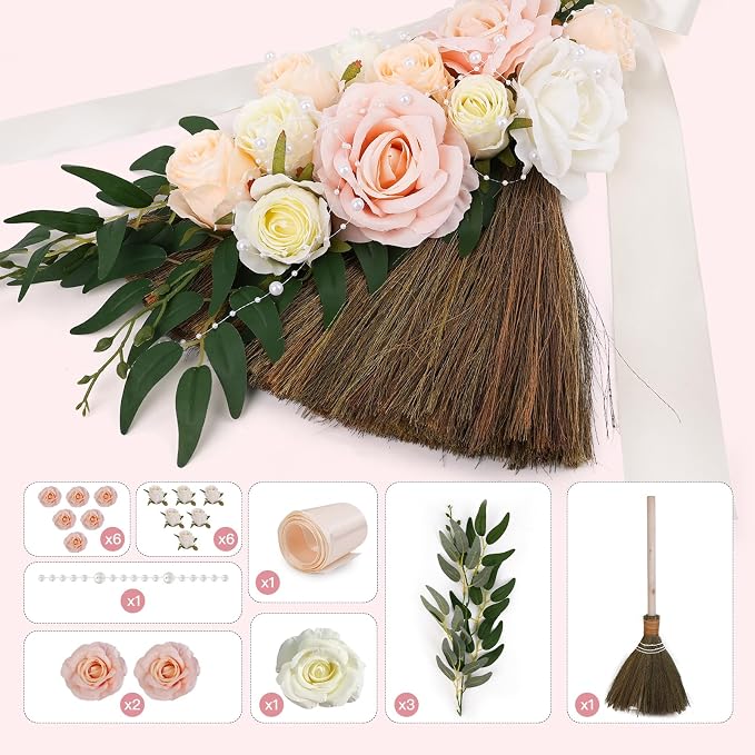 Wedding Broom DIY Jumping Broom for Wedding Ceremony 28 inch Tall Whisk with Artificial Roses/Green Leaves/Ribbons/Pearl