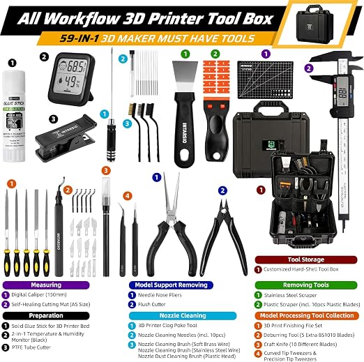 59pcs 3D Printer Tools Kit with Hard Case, 3D Printer Accessories incl Deburring Tool, Digital Caliper, Hygrometer, Nozzle Clog Poke, Pilers, Flush Cutter, for Bambu Lab, Ender 3, FDM/SLA Printers etc