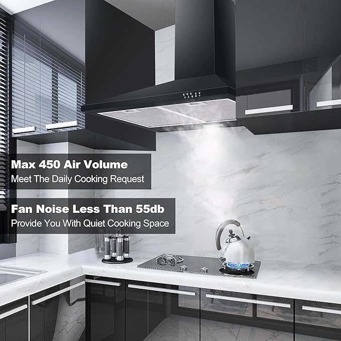SNDOAS Black Range Hood,Wall Mount Range Hood 30 inch,Stainless Steel Kitchen Hood with Ducted/Ductless Convertible,Stove Vent Hood,Aluminum Filters,3 Speed Exhaust Fan,LED Light,Button Control