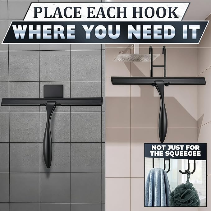 Shower Door Squeegee with Hook - 12" Silicone Blade, Stainless Steel Black Squeegee for Shower Glass with Adhesive Mount - All-Purpose Bathroom Tile, Mirror, & Window Wiper for Streak-Free Cleaning