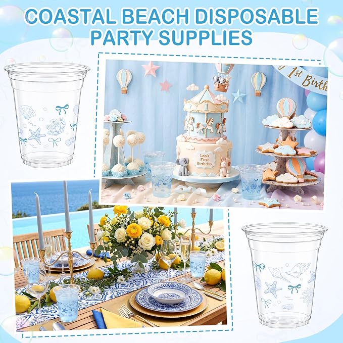 Tanlade 60 Pcs Ocean Party Plastic Cups 12 oz Blue Bow Seashell Starfish Seashell Coastal Nautical Sea Theme Disposable Cups for Baby Shower Summer Theme Birthday Wedding Party Supplies Decorations