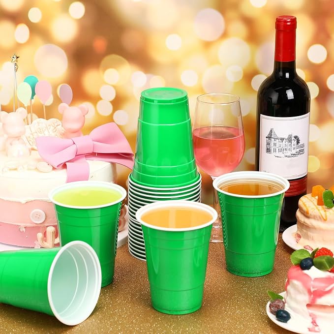 Lounsweer 100 Pcs 16 oz Disposable Party Cups Plastic Heavy Duty Drinking Water Cups for Birthday Baby Shower Wedding BBQ Picnic Party Supplies(Green)