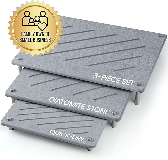 Stone Dish Drying Mat – Quick Dry Kitchen Counter Mat, 3-Piece Set, Diatomaceous Earth Water Absorbing Mats with Non-Slip Backing & Airflow Legs