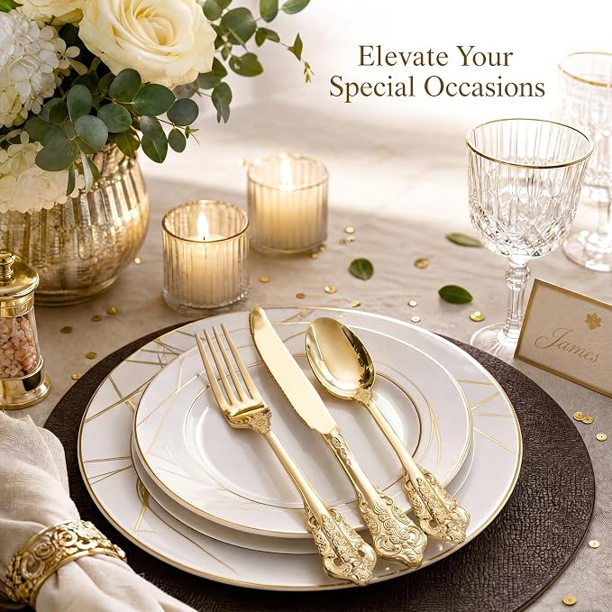 WDF 120PCS Gold Plastic Silverware - Heavy Duty Gold Plastic Cutlery Set Disposable Utensils - 40 Forks, 40 Spoons, 40 Knives, Perfect for Party Weeding Daily Use Baby Showe Spring