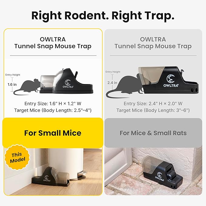 OWLTRA in-/Outdoor Safe Tunnel Snap Mouse Trap 2PCS, Instant Eliminate Rodent Snap Trap with Clear Tunnel Entry, Touch-Free Release, and Powerful Snap, Black, TST-217