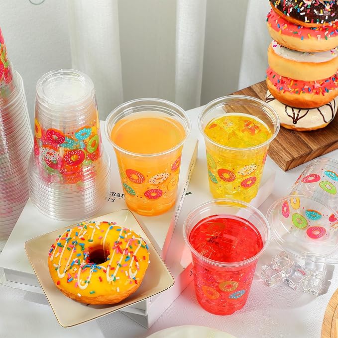 Willinglong 100 Pcs Donut Cups 12 oz Plastic Disposable Clear Doughnut Drink Cups for Donut Grow up Sweet One Birthday Party Decoration Baby Shower Summer Holiday Supplies