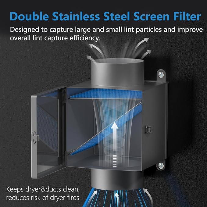 HOOMESUN Dryer Duct Lint Trap, Indoor Dryer Vent Kit with 4inch 8FT Dryer Vent Hose, 2 Clamps, 2 Stainless Steel Mesh, Secondary Lint Trap for Electric Clothes Dryers - Dryer Lint Catcher(Metal)