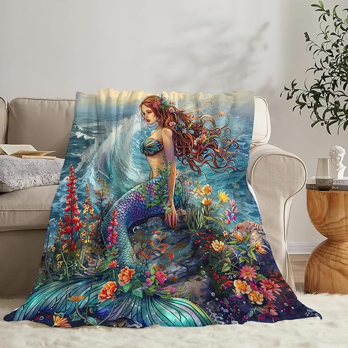 Tijuboni Mermaid Throw Blanket Mermaid Gifts for Girls Women Boys Men Kids Adults Soft Flannel Fleece Blanket for Couch Sofa Bed Home Decor 40"x50"