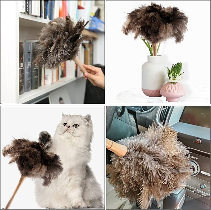 THARAHT 1PCS Ostrich Feather Duster Fluffy Natural with Wood Handle Reusable Washable for Cleaning Keyboard,Home,Car,Office Ostrich Feather Duster,16 Inch