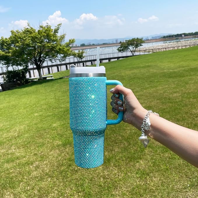 40oz Bling Tumbler with Handle and Straw Lid Rhinestone Studded Tumbler Cups Vacuum Insulated Stainless Steel Double Wall Water Bottle Travel Mug Gifts for Women Her (Blue)