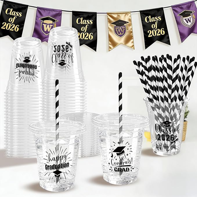 50 Pack Graduation Plastic Cups with Lids Straws 12 oz Black Disposable Class of 2026 Decorations Graduation Party Favor Drinking Beverage Cup for Party Supplies Decorations