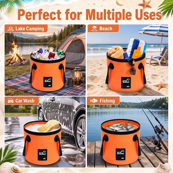 5 Gallon 4 Pack Collapsible Bucket, Foldable Water Bucket with Handles, Portable Camping Buckets for Fishing, Hiking, Cleaning, Outdoor & Travel Use (Orange)