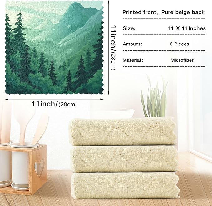 Mountain Forest Trees Green 02 Kitchen Towels Dish Cloths Set of 6 Microfiber Cleaning Cloths for Cars Super Absorbent Machine
