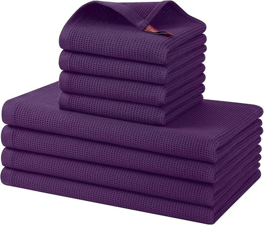 Homaxy 100% Cotton Kitchen Towels and Dishcloths Set - 8 Pack Waffle Weave Soft and Absorbent Dish Towels - 26 X 16 Inch and 12 X 12 Inch - Eggplant