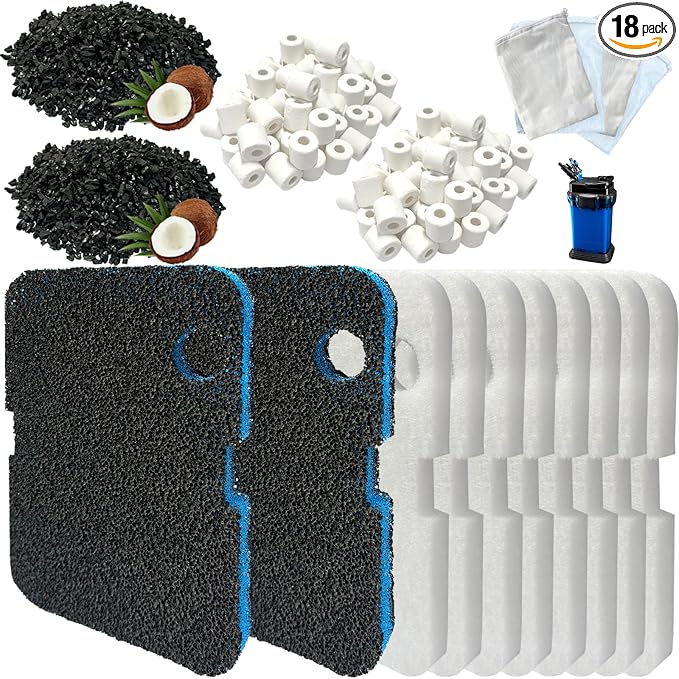 18 Pack Filter Media Compatible with Penn-Plax Cascade 1200 & 1500 CCF4UL/CCF5UL Canister Aquarium Filters, Includes Bio-Sponge Filters, White Floss Pads, Activated Carbons, Ceramic Rings & Mesh Bags