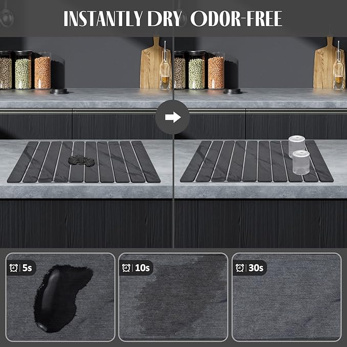 2 PCS Stone Dish Drying Mat for Kitchen Counter, 24"×16" Dark Gray, Fast Drying Collapsible Dish Drying Mat, Eco-Friendly Absorbent Diatomaceous Earth Mats for Match Countertop ( 24"×16" & 8"x4")